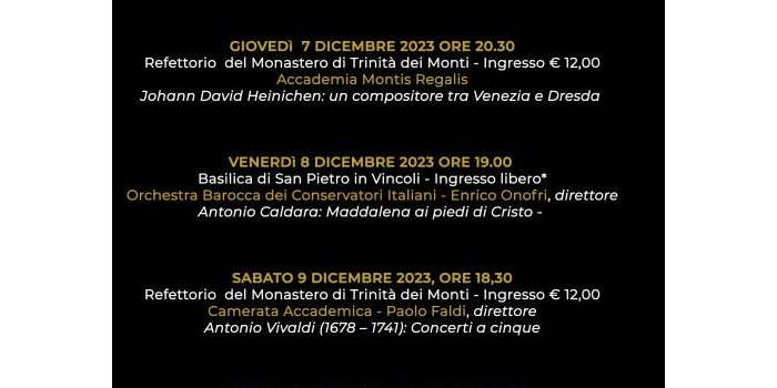 Les concerts de Roma Festival Barocco du 6 au 10 décembre 2023